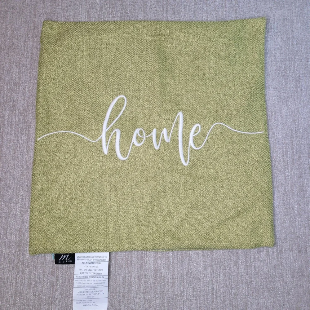 Millihome Pillow‎ Cover Green Textured Home Script Accent Decor Spring 19x19 New
